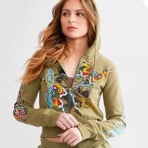 Ed Hardy Butterfly Sage Green Track Suit Cropped Sweatshirt size M pants SMALL